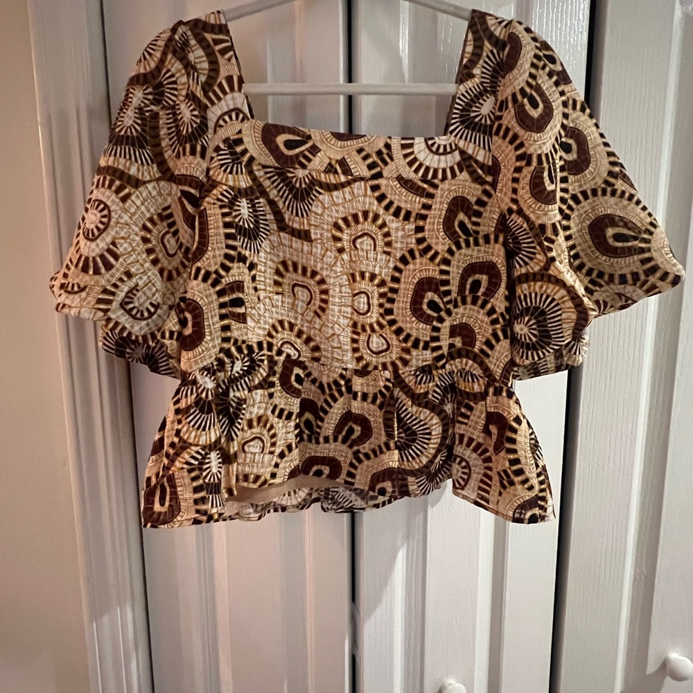 Marie Oliver Cream and Brown Puff Sleeve Crop Blouse